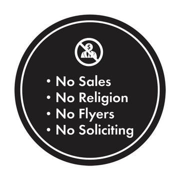 Circle No Sales, No Religion, No Flyers, No Soliciting Wall or Door Sign